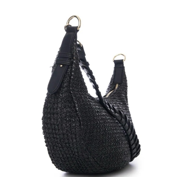 Jules Kae Zola Black Straw Moon Shaped FauxVegan Leather Braided Strap Purse NWT - Picture 2 of 16